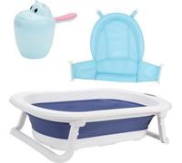 Fiqops Baignoire pour bébé Baignoire pour bébé Enfants Pliable Baignoire sûre 3 en 1 0-6 ans avec pieds Portable avec filet de sécurité Thermomètre Gobelet à shampooing Bleu