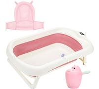 Fiqops Baignoire pour bébé Baignoire pour bébé Enfants Pliable Baignoire sûre 3 en 1 0-6 ans avec pieds Portable avec filet de sécurité Thermomètre Gobelet à shampooing Rose