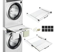 Fiqops Cadre intermédiaire avec plaque d'extension, cadre de connexion pour machine à laver et sèche-linge avec corde à cliquet, cadre de connexion universel pour machine à laver avec étagère