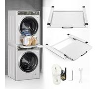 Fiqops Cadre intermédiaire avec plaque extensible pour sèche-linge et machine à laver, cadre de connexion universel avec étagère, cadre intermédiaire pour machine à laver et sèche-linge, blanc