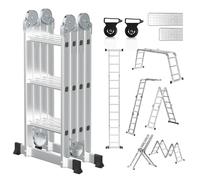 Fiqops Échelle multifonction 4x3, échelle multifonctionnelle 7 en 1 de 360 cm, échelle pliante en aluminium avec 2 plateformes et roues, 12 échelons, jusqu'à 150 kg, pour la maison, le jardin, le