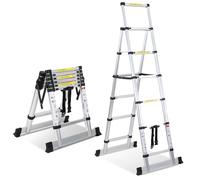 Fiqops Échelle Pliante télescopique 1,7 + 2 m - Cadre A 5 + 6 échelons - Échelle en Aluminium antidérapante avec Barre stabilisatrice - Charge maximale : 150 kg