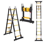 Fiqops Échelle télescopique 3,8 m (1,9 m + 1,9 m) - Cadre en A - Échelle Pliante en Aluminium avec Barre stabilisatrice - Charge maximale : 150 kg - pour l'intérieur et l'extérieur - Noir/Jaune