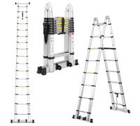 Fiqops Échelle télescopique à Cadre A - 5 m (2,5 m + 2,5 m) - Multifonction - en Aluminium - avec Barre stabilisatrice et Roues - Antidérapante - Charge maximale : 150 kg