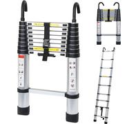 Fiqops Echelle Télescopique Avec Crochet Echelle à Extension Jusqu'à 150kg Stable Aluminium Escabeau Argent Argent 2.6m