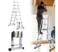 Fiqops Échelle télescopique en aluminium - 2 m + 2,3 m - 6 + 7 marches - Cadre A - Multifonction - Pour réparations de toit