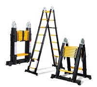 Fiqops Échelle télescopique Pliante en Aluminium 5 m - avec Doubles roulettes Amovibles - Charge maximale 150 kg - Multifonction - Antidérapante - Noir et Jaune