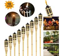 Fiqops Flambeaux de jardin Set 10x lampes Flambeau Mèche 90cm Bambou Flambeau à huile pour l'extérieur Huile de lampe pour flamber Flamme Feu Party Deko