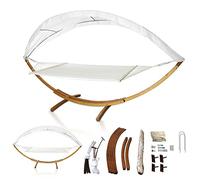 Fiqops Hamac XXL avec armature et toit pare-soleil de 410 cm, surface de couchage 200 x 150 cm, hamac en bois de mélèze résistant aux intempéries jusqu'à 200 kg, hamac à barres pour 2 personnes,