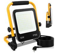 Fiqops Lot de 2 projecteurs de chantier LED 50 W 4000 lm avec trépied et câble de 3 m - Lampe de travail LED avec prise - Étanche IP66 - Pour garage, atelier, chantier, blanc froid