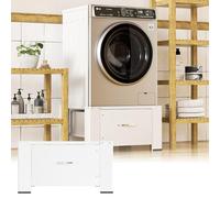Fiqops Lot de 2 supports de machine à laver avec tiroir jusqu'à 150 kg, rehausseur de machine à laver avec tiroir, socle max. en acier 62,5 x 54,5 x 32,5 cm, blanc