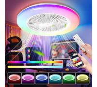 Fiqops Lot de 2 ventilateurs de plafond avec éclairage et télécommande - Diamètre : 49 cm - Plafonnier LED RVB intelligent - 3 températures de couleur et 6 vitesses - Minuterie été/hiver - Pour le