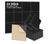Fiqops Lot de 24 panneaux acoustiques autocollants en mousse - 5 x 30 x 30 cm - Isolation phonique murale - Réduit l'écho - Pour studio d'enregistrement, décoration de jeu, podcasts, pyramide noire