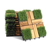 Fiqops Lot de 44 dalles de sol en bois d'acacia - 30 x 30 cm - 4 m² - Pour extérieur, terrasse et balcon - Mosaïque - Pour jardin, patio, balcon (herbe)