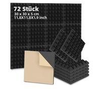 Fiqops Lot de 72 panneaux acoustiques autocollants en mousse - 5 x 30 x 30 cm - Pour isolation phonique, mur - Réduit l'écho - Pour studio d'enregistrement, décoration de jeu, podcasts, pyramide noire