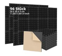 Fiqops Lot de 96 panneaux acoustiques autocollants en mousse - 5 x 30 x 30 cm - Isolation phonique murale - Réduit l'écho - Pour studio d'enregistrement, décoration de jeu, podcasts, pyramide noire