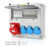 Fiqops Répartiteur mural avec compteur électrique 3 phases et MCB, Distributeur extérieur étanche IP44 5 pôles, avec 3 prises Schuko et prise CEE 32 A pour l'intérieur et l'extérieur