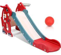 Fiqops Toboggan pour enfants 4 en 1 Toboggan pour enfants Aire de jeux pliable avec panier de basket-ball Anneau de lancer Appareil d'apprentissage de l'anglais Rouge