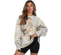 Fiqyvagox Chandail à col rond décontracté pour femme, coupe ample, épaules tombantes, avec poches, Imprimé journal beige, S