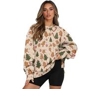 Fiqyvagox Sweat-shirt surdimensionné pour femme à manches longues et col rond, confortable, coupe ample, décontracté pour un usage quotidien, Sapin de Noël bonhomme en pain d'épice étoile bonbon beige