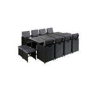 Fira - Salon de jardin encastrable 12 places - en résine tressée - Noir avec coussins gris + housse de protection - Noir / Gris