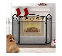 Fire Guard Écran de cheminée d'intérieur à 3 panneaux en étain et fer forgé, grand écran en maille décorative en métal pour l'extérieur, motif de feuille de clôture de cheminée solide, noir