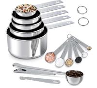 Fire More Lot de 13 tasses doseuses et cuillères doseuses en acier inoxydable avec règle doseuse, pelle avec clip et tableau de conversion de cuisine, 10 outils de mesure pour ingrédients secs et