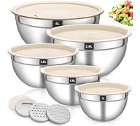 Fire More Set de 5 Saladier avec Couvercle, 4L/3L/1,8L/1,5L/1L Saladier en acier inoxydable, Cul de Poule Inox avec Hermétiques & 3 Râpeurs, Empilables et Lavables au Lave Vaisselle