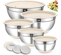 Fire More Set de 5 Saladier avec Couvercle, 4L/3L/1,8L/1,5L/1L Saladier en acier inoxydable, Cul de Poule Inox avec Hermétiques & 3 Râpeurs, BAntidérapants Empilables pour Mélange, Salades et Service