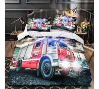 Fire Truck Emergency Ensemble De Literie Microfibre Hypoallergique 3D Imprimé 3 Pièces Éclair Ultra Douce urban Rescue Linge de Lit Léger Entretien Facile for Enfants Garçons Filles King（220x240cm）
