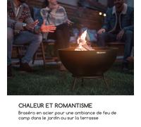 Braséro de jardin - Fireball - Foyer de terrasse - Grille barbecue Ø66cm - Braséro 2 en 1 - Inclinable - Acier noir