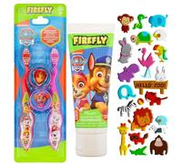 Firefly Kit de voyage avec 2 brosses à dents avec capuchons, dentifrice Paw Patrol et feuille d'autocollants 3D (feuilles d'autocollants choisies au hasard)