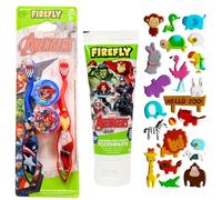 Firefly Marvel Avengers Lot de 2 brosses à dents pour enfants avec bouchons de voyage, dentifrice saveur chewing-gum 75 ml et feuille d'autocollants 3D