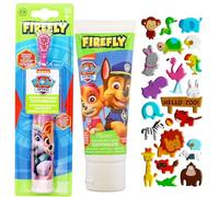 Firefly Paw Patrol Ensemble de brosses à dents électrique à piles avec dentifrice saveur fraise Paw Patrol et feuille d'autocollants gonflés 3D Hadco (design aléatoire) - Poignée rose