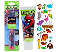 Firefly Spiderman Brosse à dents électrique à piles avec dentifrice Spiderman et une feuille d'autocollants gonflés 3D (motif choisi au hasard)