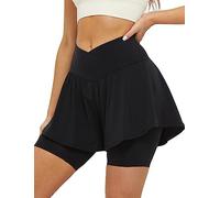 FireSwan Crossover Short de sport 2 en 1 pour femme - Short de course fluide avec poches en élasthanne - Motif papillon, Couche intérieure noire longue, Taille M