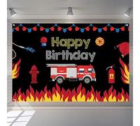 Firetruck Themed Birthday Backdrop Fireman Fire Truck Firefighter Background for Boy Kids Camion de pompier thème anniversaire fond pour garçons enfants anniversaire fête décorations bannière
