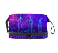 Firework Over New York City Trousse de maquillage double couche pour femmes et filles, trousse de toilette de voyage, trousse de maquillage, sac de rangement pratique avec compartiment à brosse,