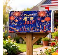 Fireworks Couverture magnétique de boîte aux lettres pour décoration de jardin, lanternes festives, horizon urbain, 4 juillet, bleu, 53,3 x 64,9 cm