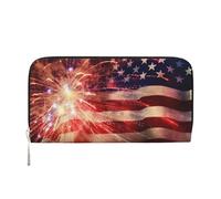Fireworks Portefeuille en cuir avec motif drapeau américain pour femme et fille, fermeture éclair sur le pourtour avec porte-cartes de crédit, sac à main de voyage imperméable