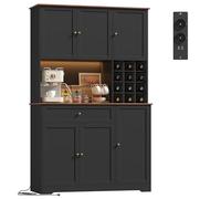 FirFurd 180cm Buffet Cuisine avec Multiprise, LED Multicolore Meuble Cuisine Rangement avec 6 Portes 1 Tiroir Casier à Bouteilles Vaisselier Salle à Manger Étagère Réglable 100x39x180cm Noir