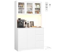 FirFurd Buffet Cuisine Meuble Cuisine Rangement avec LED Multiprises Vaisselier avec Étagere Réglable 5 Portes 3 Tiroirs 180x100x38.5cm Blanc