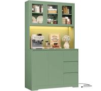 FirFurd Buffet Cuisine Meuble Cuisine Rangement avec LED Multiprises Vaisselier avec Étagère Réglable 5 Portes 3 Tiroirs 180x100x38.5cm Vert