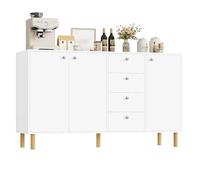 FirFurd Commode Chambre Buffet Salon Cuisine Meuble de Rangement avec 3 Portes 4 Tiroirs Commode Blanche Étagère Réglable en Bois 140x40x80cm