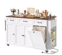 FirFurd Ilot Central Cuisine avec Rangement et Prise/USB, Meuble Cuisine avec Plan de Travail Pliable, Desserte îlot de Cuisine sur roulettes, pour Poubelle, Salles à Manger 135x60x88cm Blanc