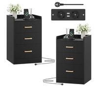 FirFurd Table de Chevet Lot de 2 avec Multiprise Table de Nuit Commode 3 Tiroirs avec 2 Prises CA 2 Ports USB Tables d'Appoint Noire pour Chambre Bureau Salon 40x38x66cm