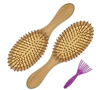 Firschoie Lot de 3 Brosses à Cheveux en Bambou, avec petit peigne de nettoyage, Le massage antistatique du cuir chevelu réduit frisottis, Convient cheveux longs, cheveux bouclés, pointes fourchues