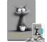First Coffee... Then World Domination - Cat w Puzzle en Bois, 1000 pièces