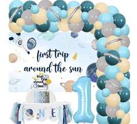 First Trip Around The Sun Birthday Decorations - Outer Space Balloons Garland Arch Kit with Backdrop, One High Chair Banner, Cake Topper, Number 1 Balloon for Space Theme First Birthday Party Supplies