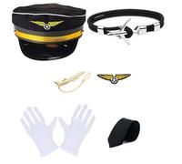 FIRSTXIU Accessoire de cosplay de capitaine de compagnie aérienne d'Halloween avec chapeau, épaulettes, cravate, hôtesse de l'air, ensemble de costume d'hôtesse de l'air